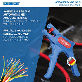 WEICON Wire Stripper No. 5 shows adjustable length stop for controlled stripping length.