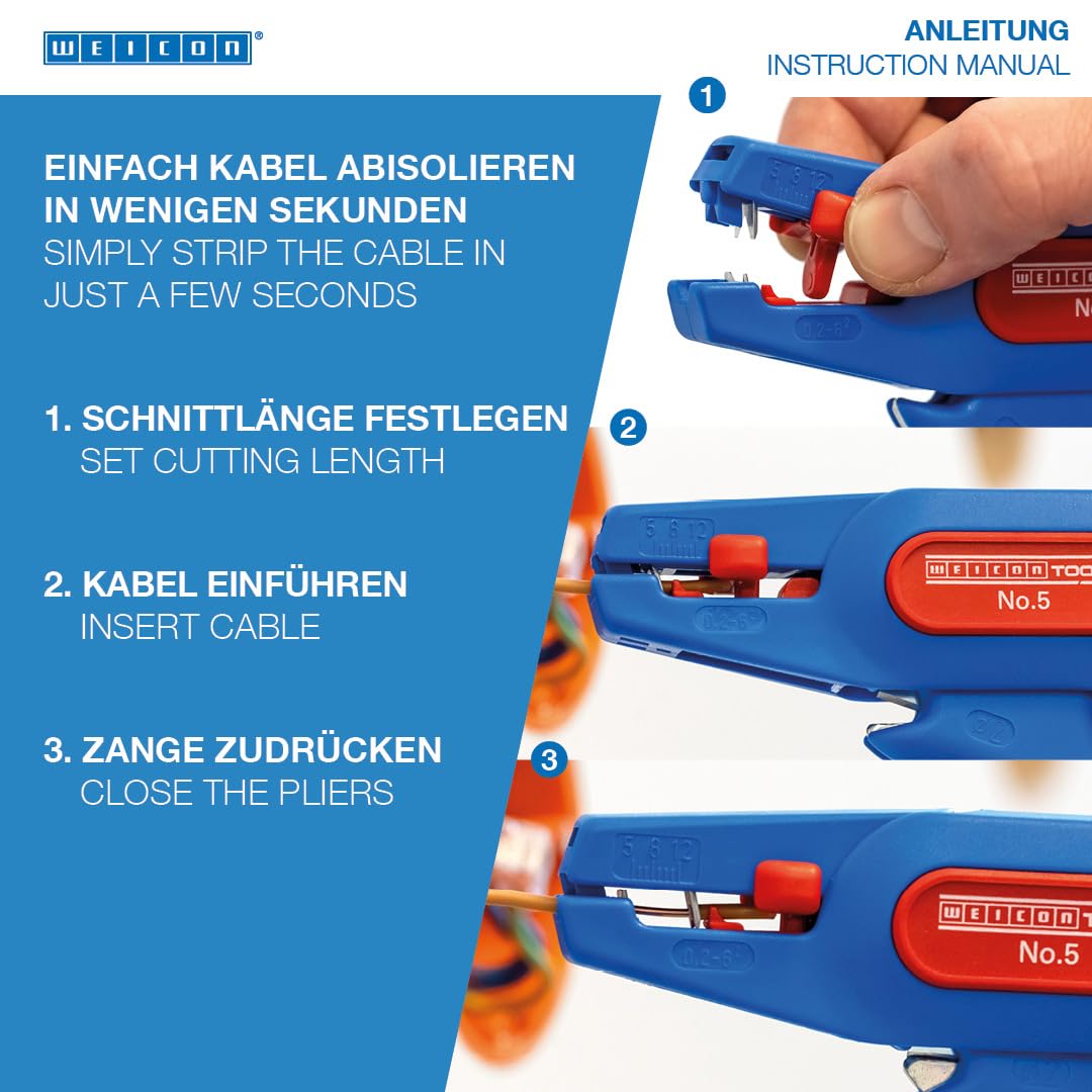WEICON Wire Stripper No. 5 handles 0.2–6 mm² conductors for versatile projects.