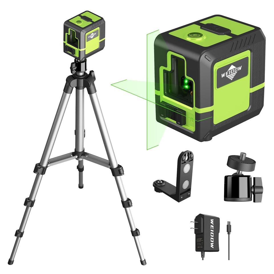 WEIDDW laser level with tripod front view for precise wall alignment during decor