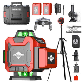 WEIDDW laser level with tripod displaying precise 360° lines for accurate tiling and hanging