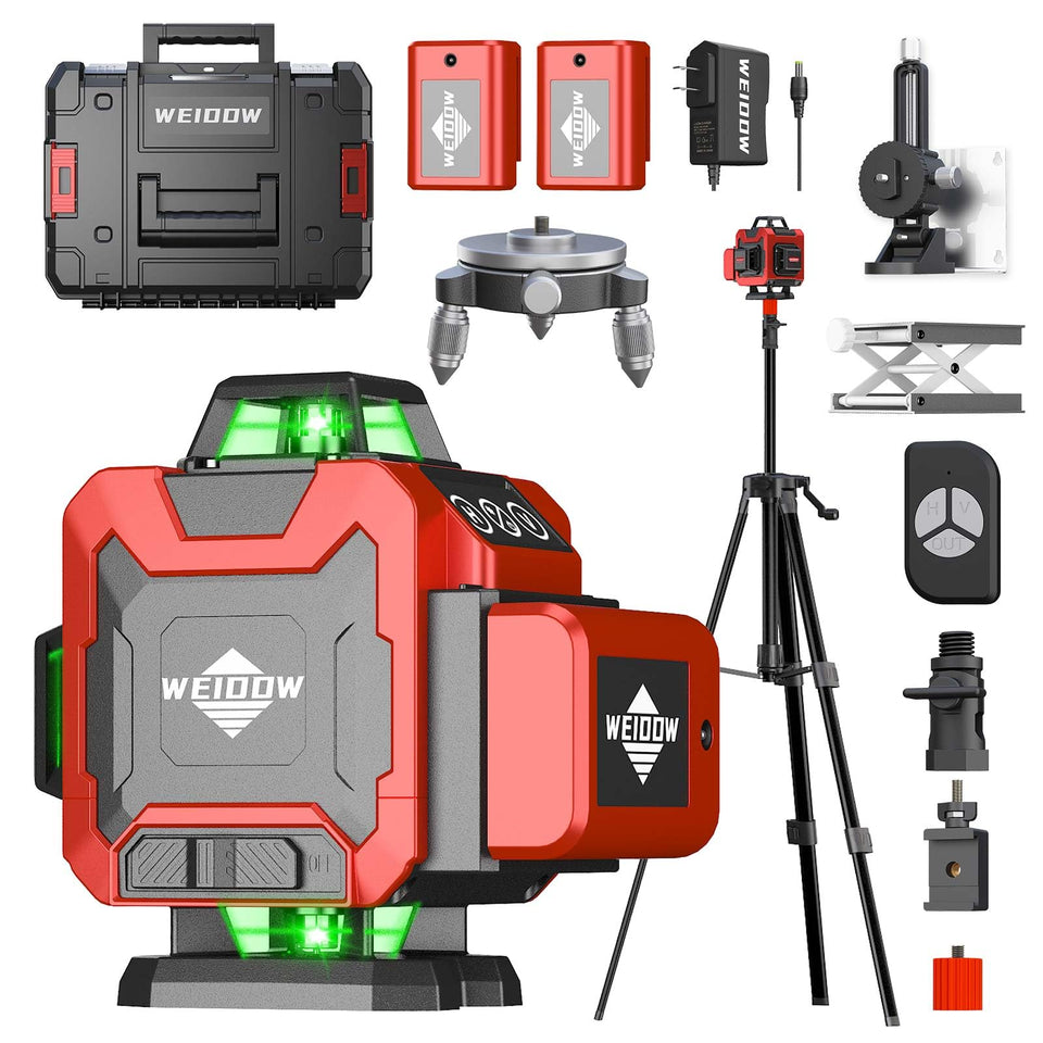 WEIDDW laser level with tripod displaying precise 360° lines for accurate tiling and hanging