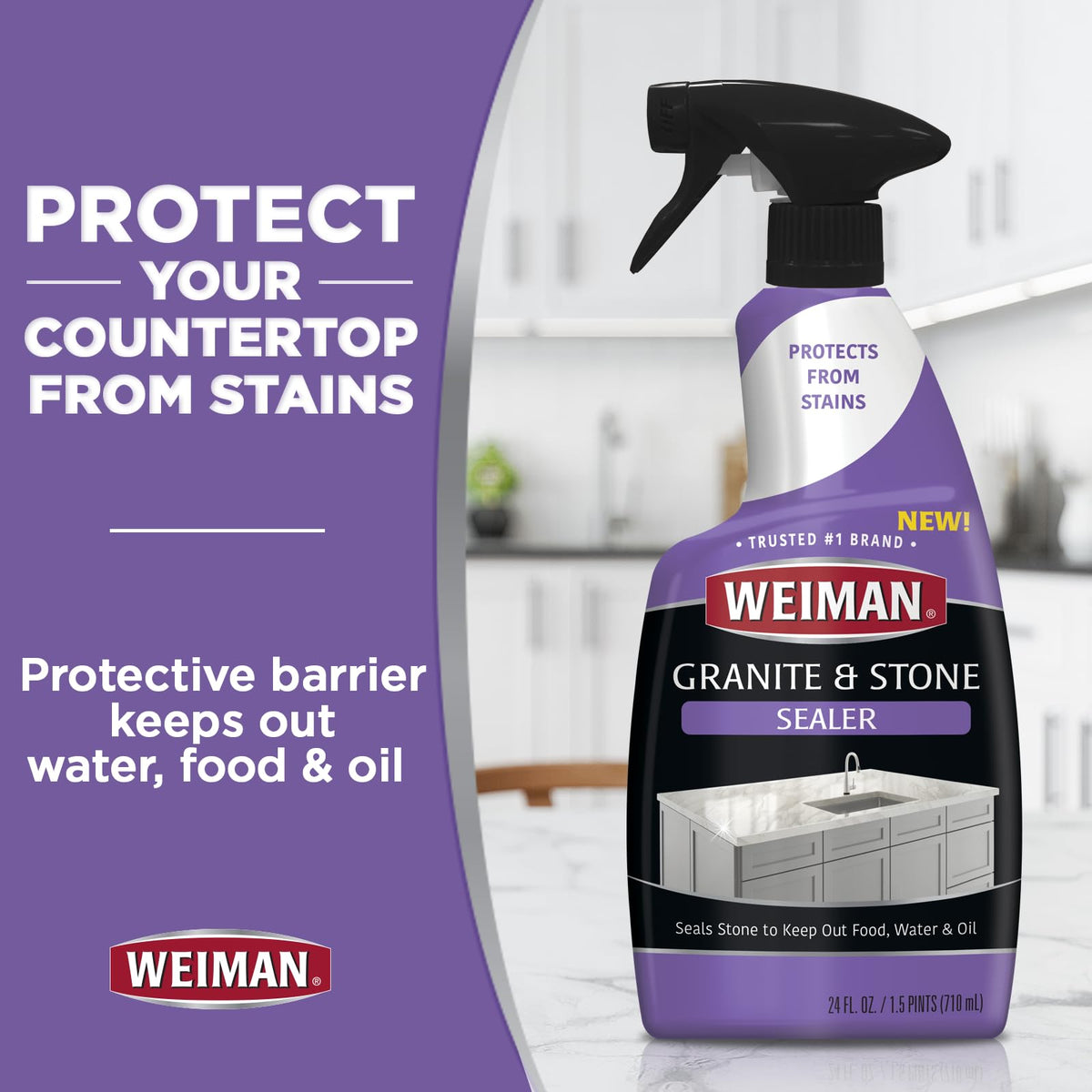 Weiman Granite and Stone Sealer in use during application on a countertop.