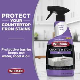 Weiman Granite and Stone Sealer in use during application on a countertop.