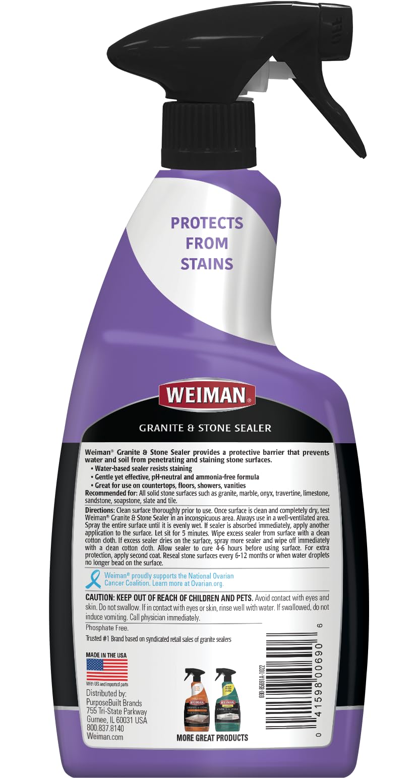 Weiman Granite and Stone Sealer demonstrates water beads on sealed surface for easy cleaning.