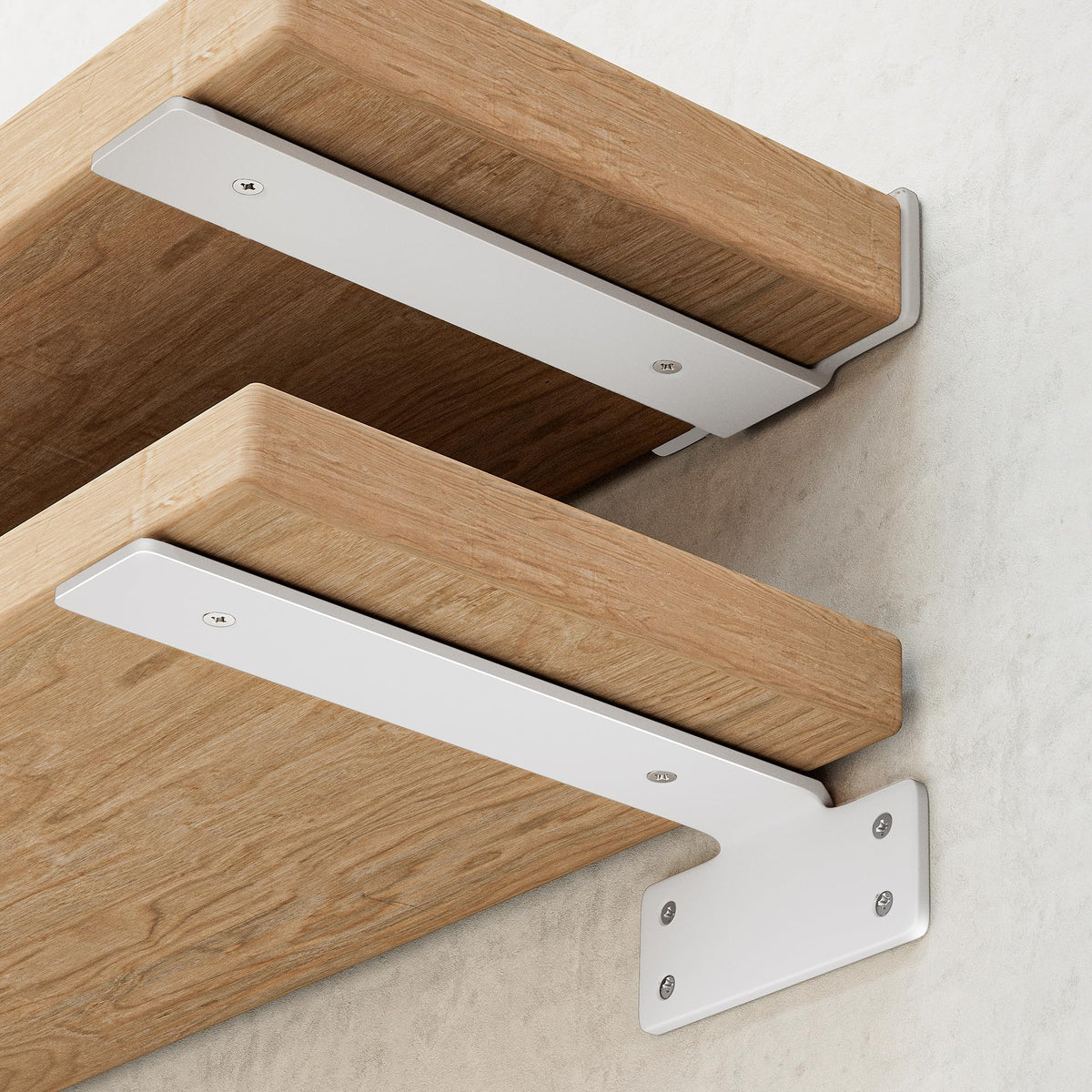 WEKIS 6-inch floating shelf brackets in white support sturdy wall shelves.