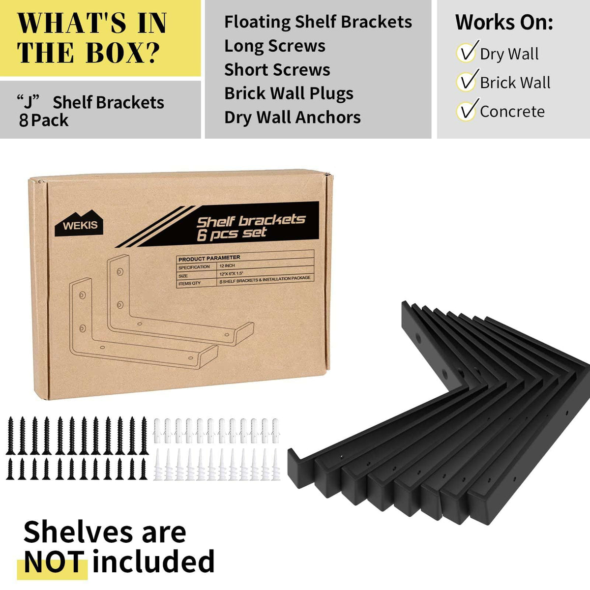 WEKIS 12-inch matte black shelf bracket side view demonstrates load-bearing design