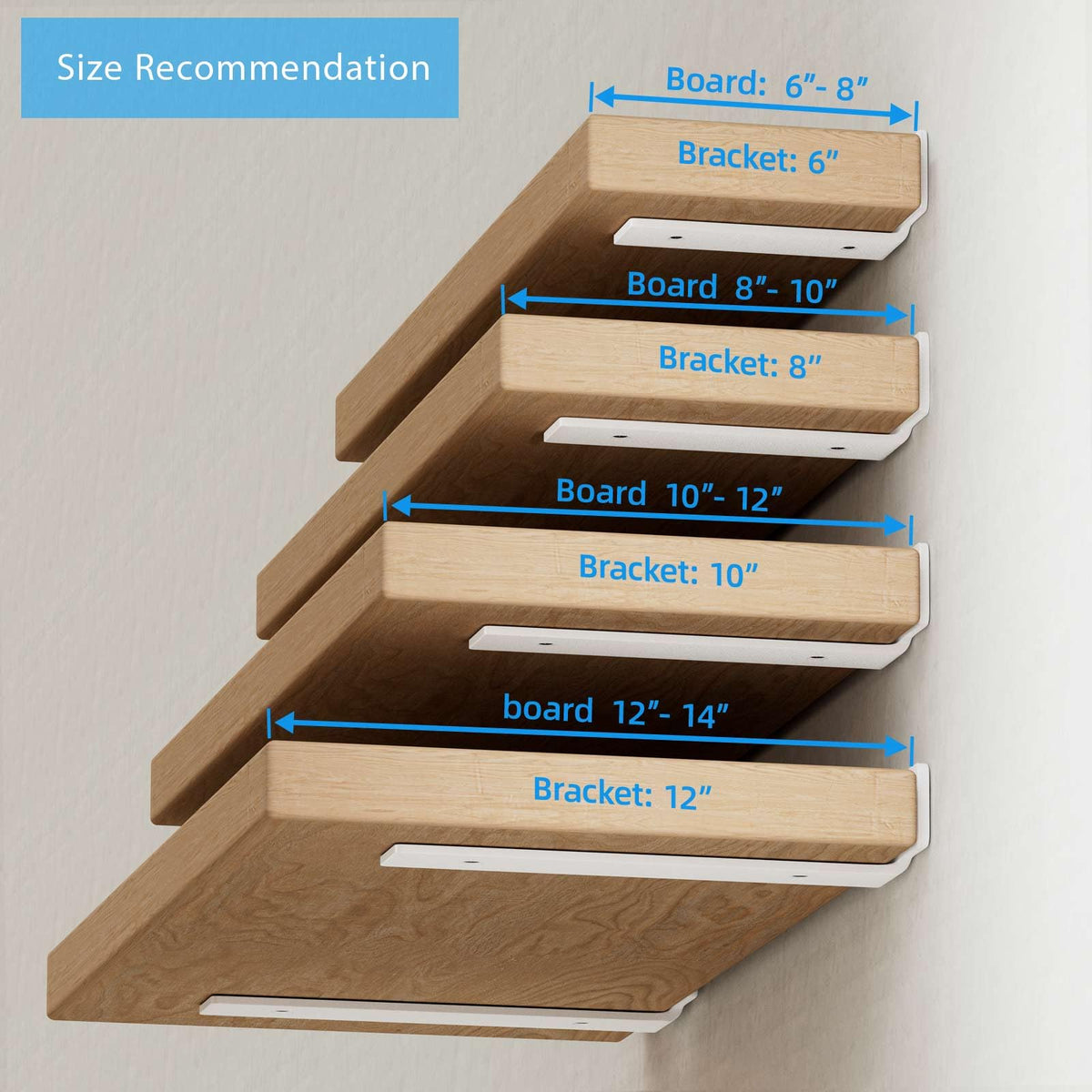 WEKIS six-pack brackets suit 6, 8, 10, and 12-inch shelves.