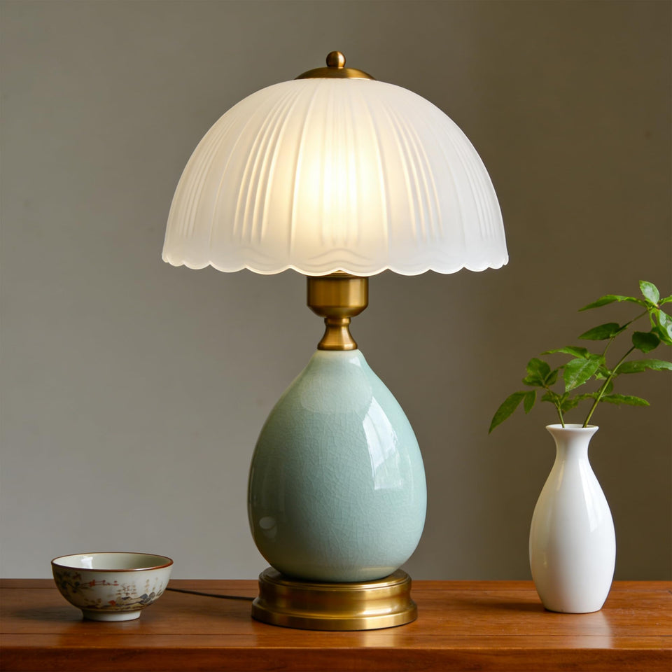 WELAISA table lamp with green glass shade enhances living room ambiance