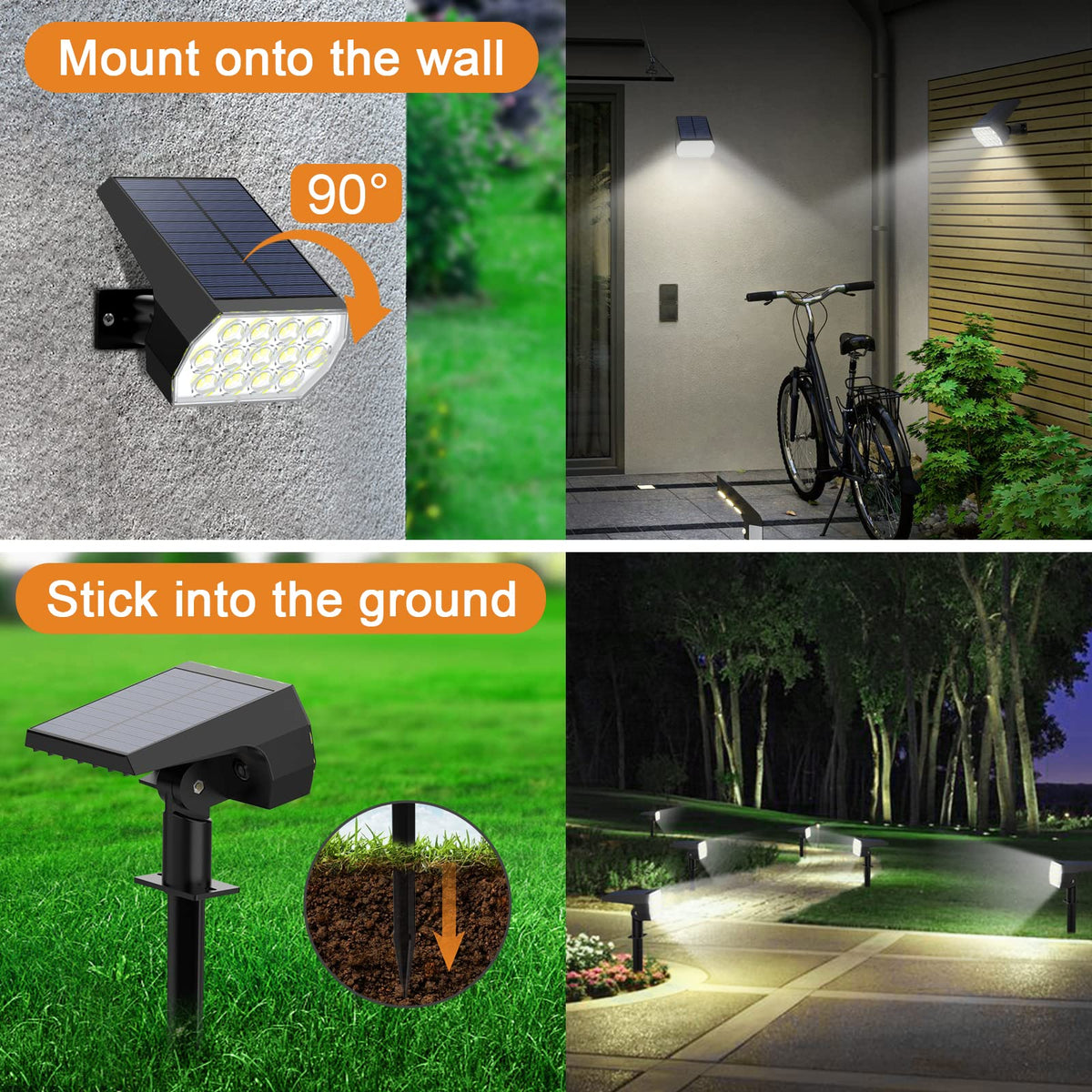WELALO dual-installation spotlight supports staking or wall mounting in any yard.