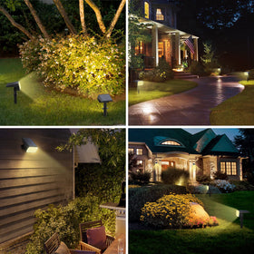 WELALO 65-LED solar light highlights trees and flower beds.