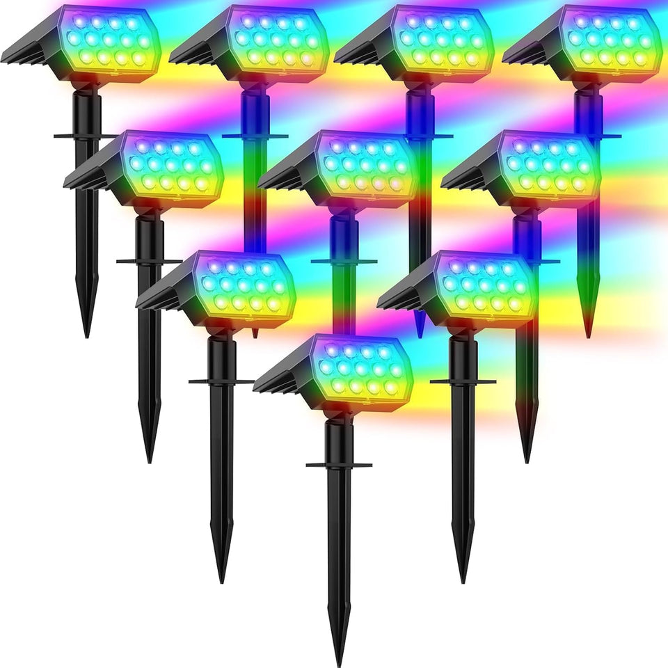 WELALO solar color-changing spotlight outdoor front view with vibrant RGB lighting for garden accents.