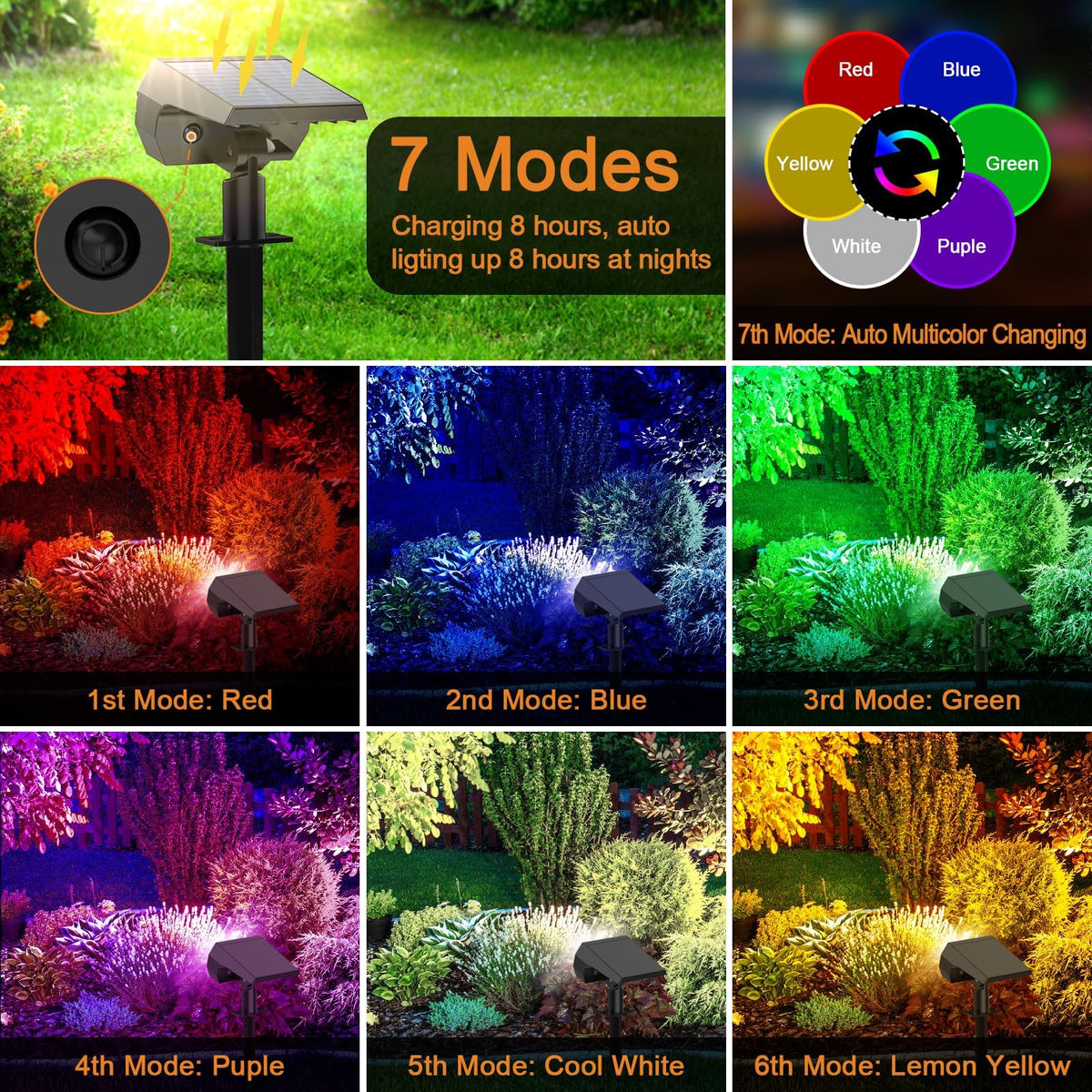 WELALO solar color-changing spotlight with stakes installed for easy ground placement.