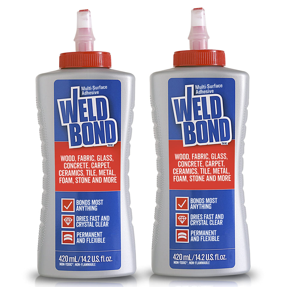 Weldbond multi-surface glue bottle applying a strong bond on wood.