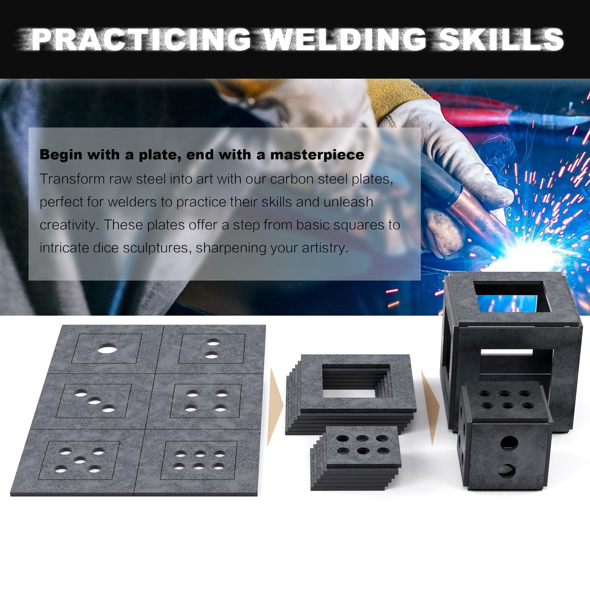 WelderElite 1/8-inch welding coupons kit laid out for beginner-friendly practice.