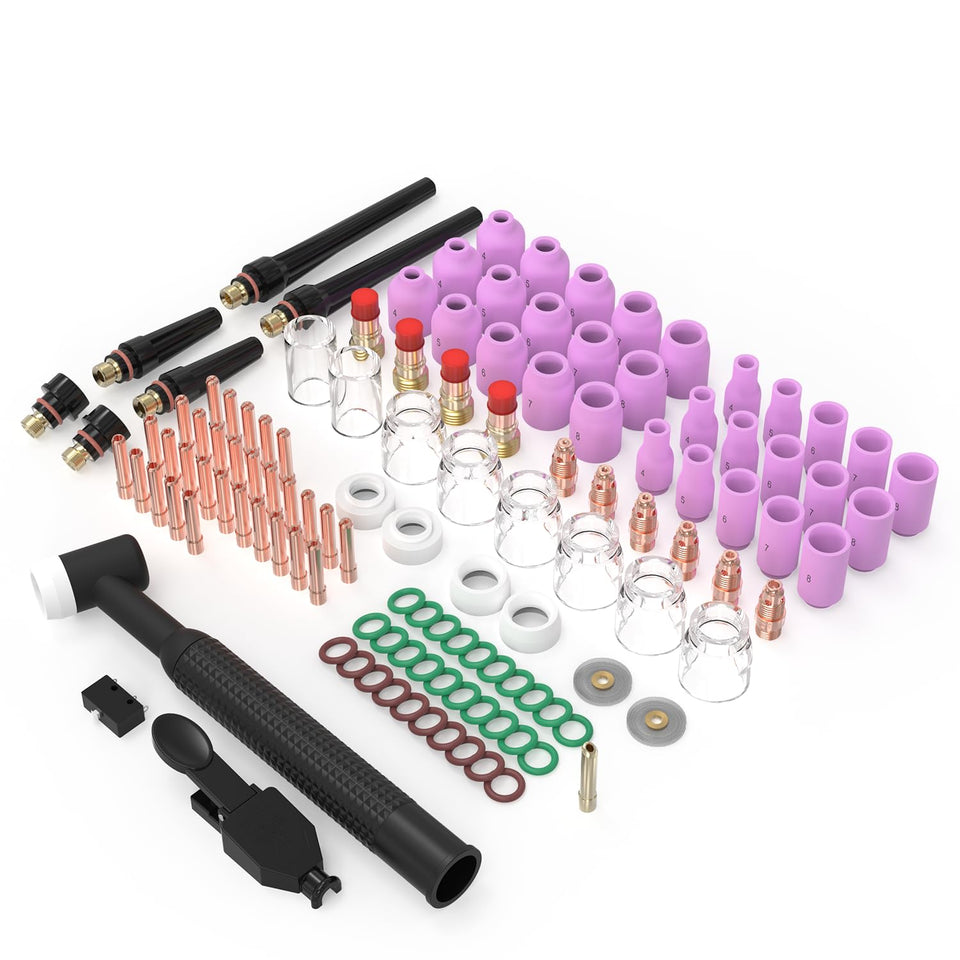 WelderElite 123pcs TIG kit for WP 17/18/26 torches, organized for quick setup