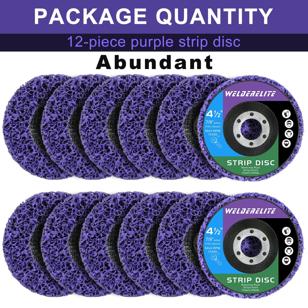 WelderElite 12-pack of purple discs for metal and wood prep tasks.