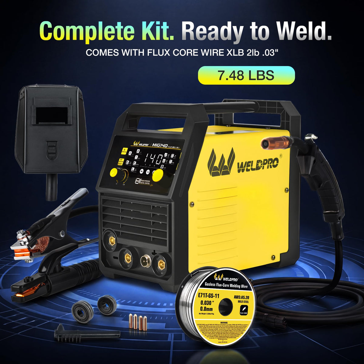 W Weldpro 140A MIG welder carry handle makes transport effortless.