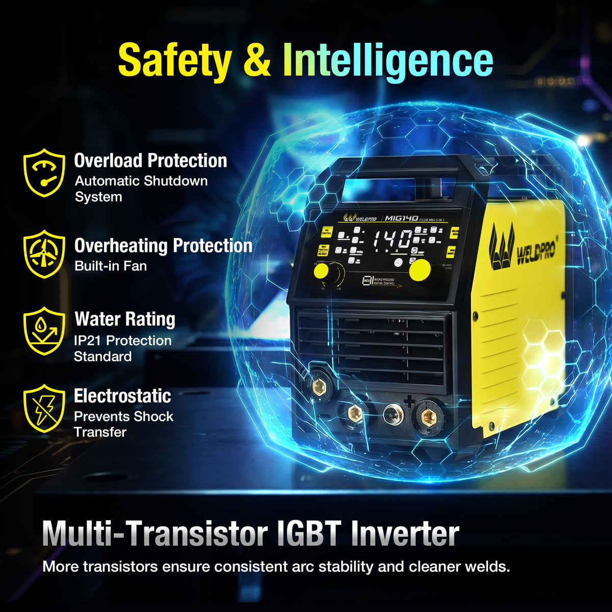 W Weldpro 140A MIG welder quick-change drive rolls improve wire feeding precision.