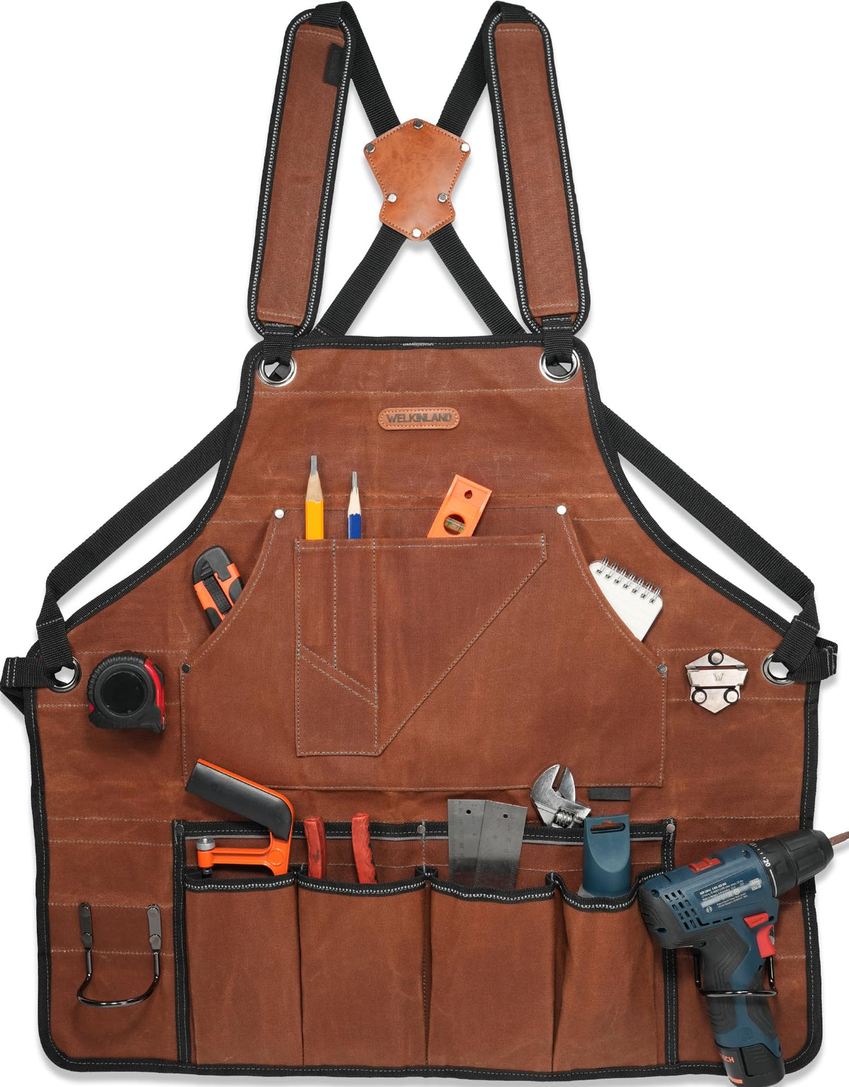 Welkinland 11-pockets apron front view for easy tool access.