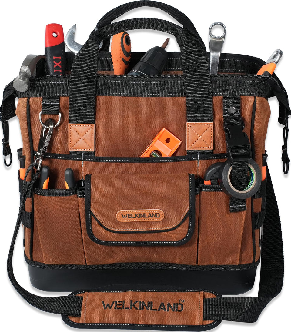 Welkinland 22-pocket tool bag with hard bottom stabilizes tools on rough surfaces