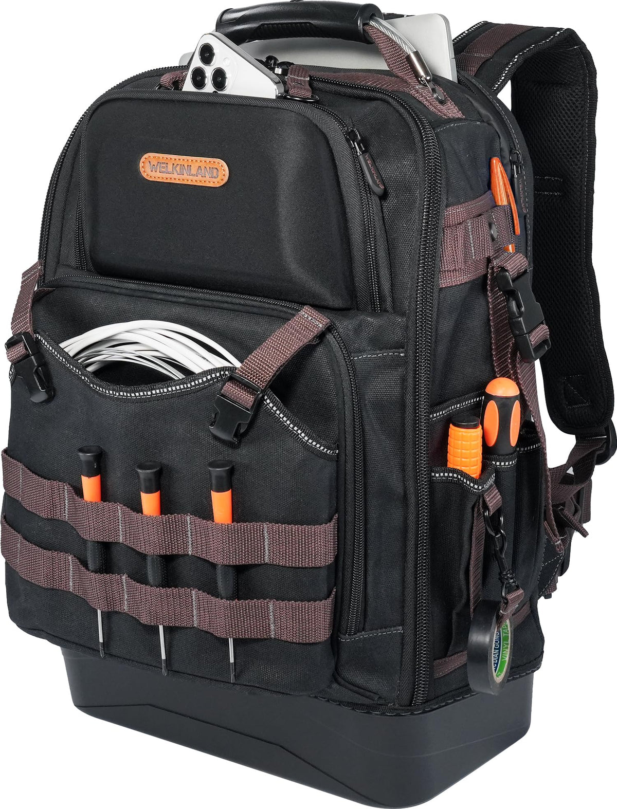 WELKINLAND 76Pockets backpack with 76 pockets keeps tools organized on job sites.
