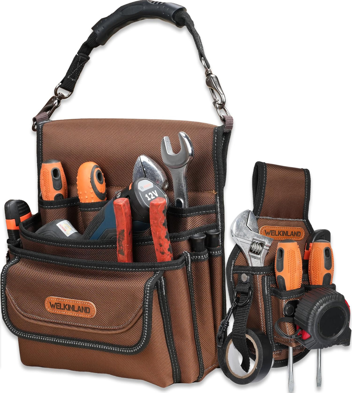 Welkinland 7- and 10-pocket tool belt set front view for easy tool access on site.