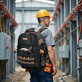 WELKINLAND Hard-bottom backpack provides stable base for heavy tools.