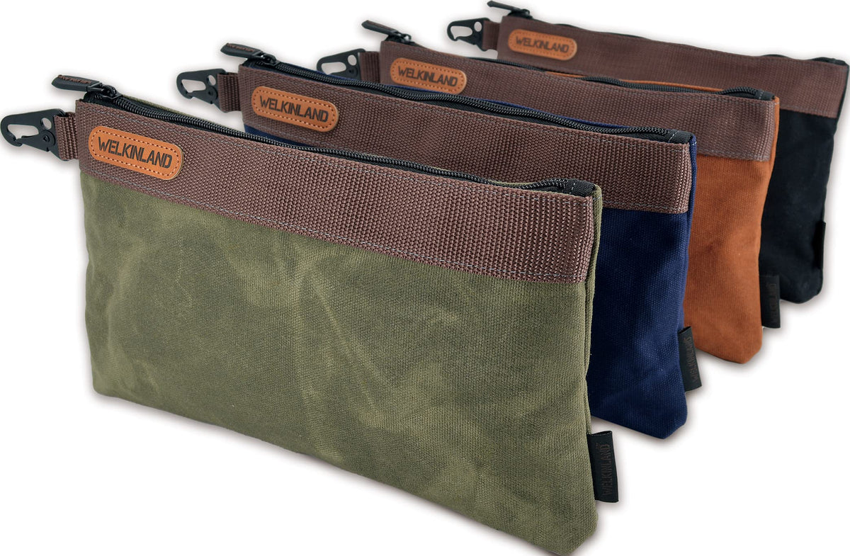 Welkinland heavy-duty canvas tool pouch set shows four 12-inch bags for organized projects.