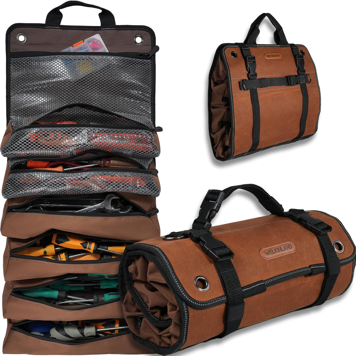 Welkinland heavy-duty tool roll open with pockets for quick access on the job.
