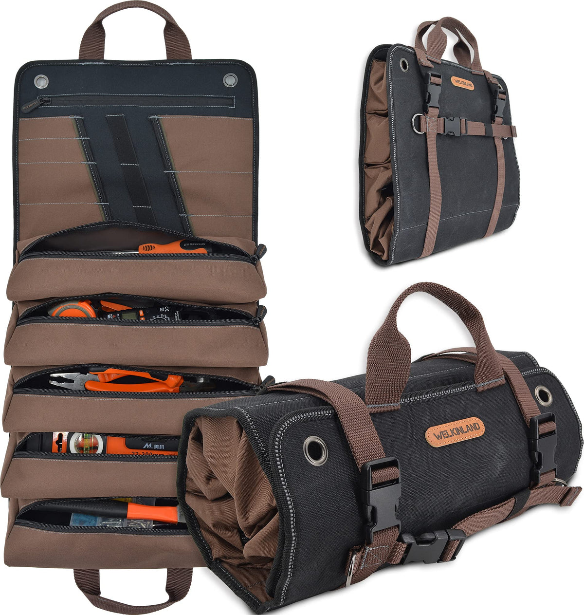 Welkinland heavy-duty waxed canvas tool roll open layout showing 15 pockets for fast access