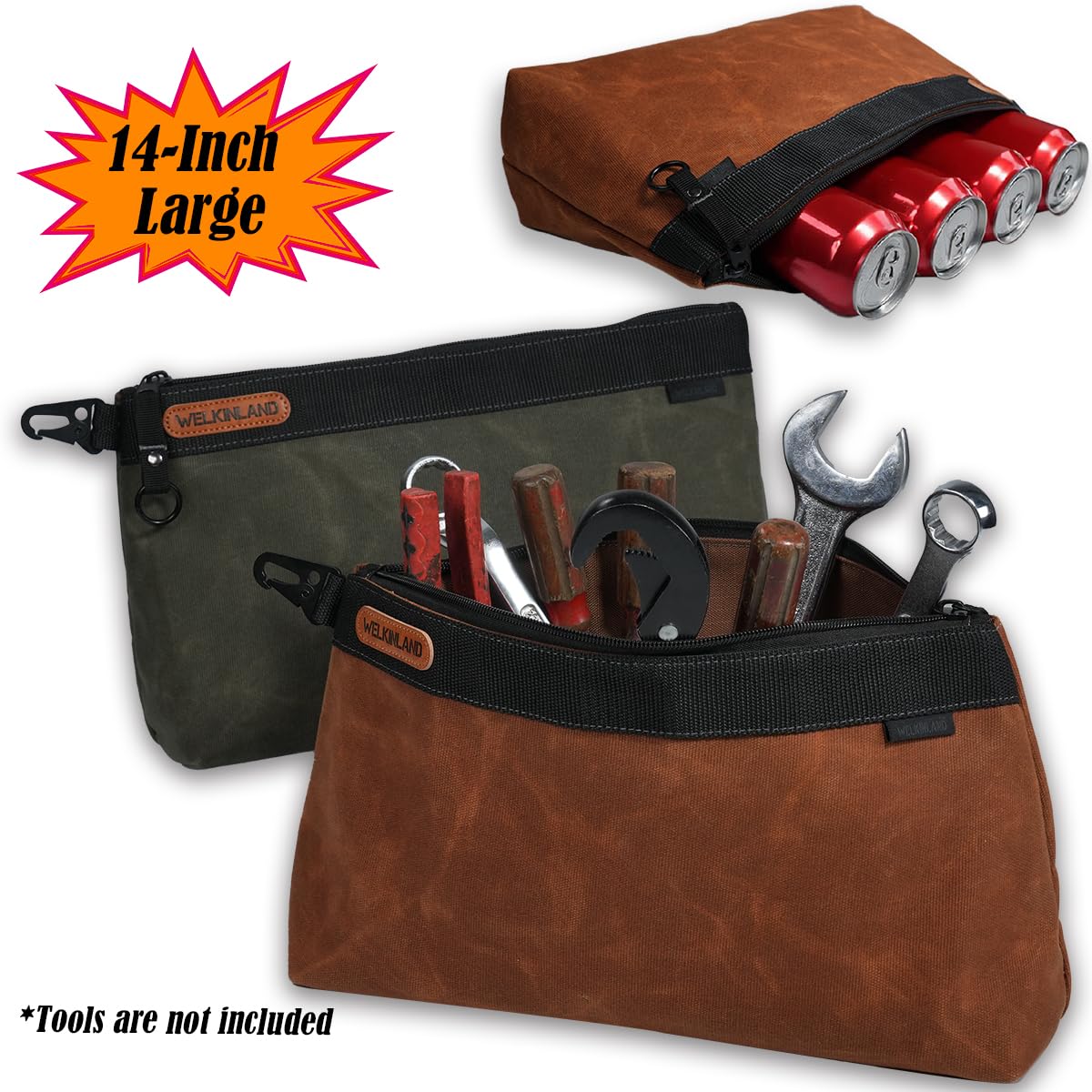 WELKINLAND tool pouch with stand-alone flat base on uneven surfaces