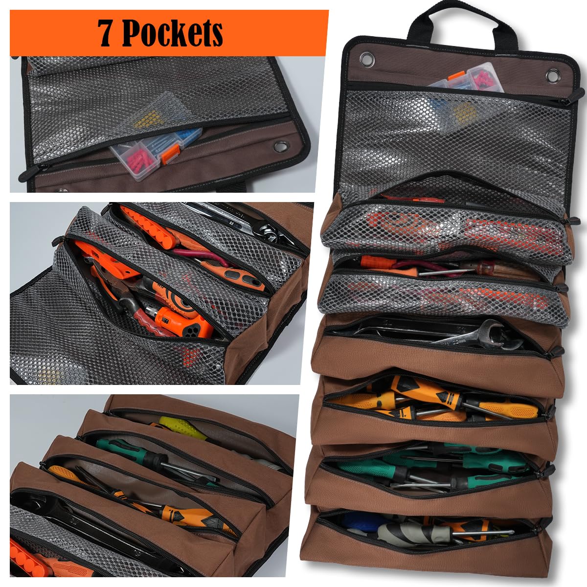 Welkinland tool roll hung on a pegboard for easy reach.