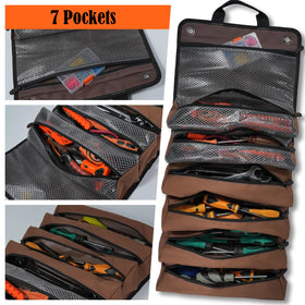 Welkinland tool roll hung on a pegboard for easy reach.