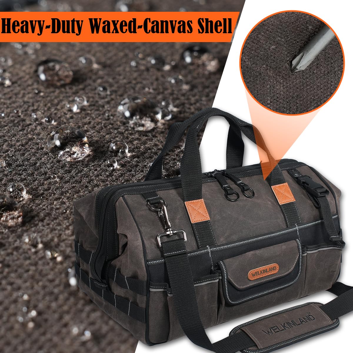 WELKINLAND bag interior layout showing 28 pockets for organized gear