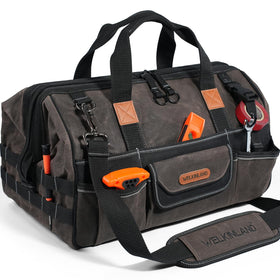 WELKINLAND waxed canvas tool bag front view, rugged build for electricians