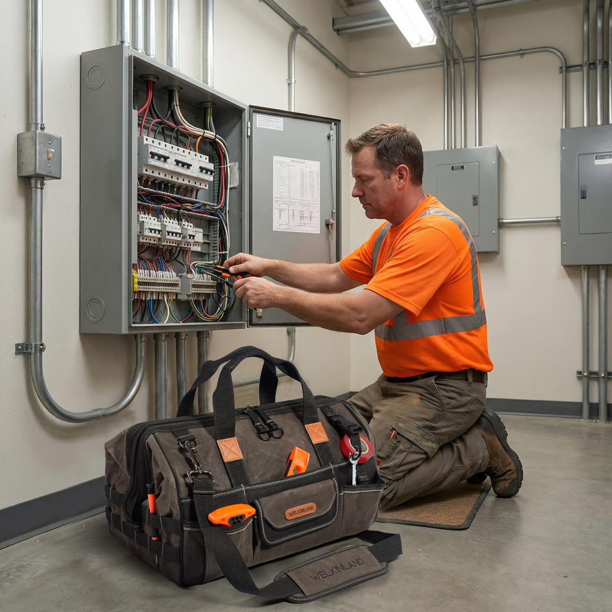 WELKINLAND tool bag open top enables quick tool retrieval on site