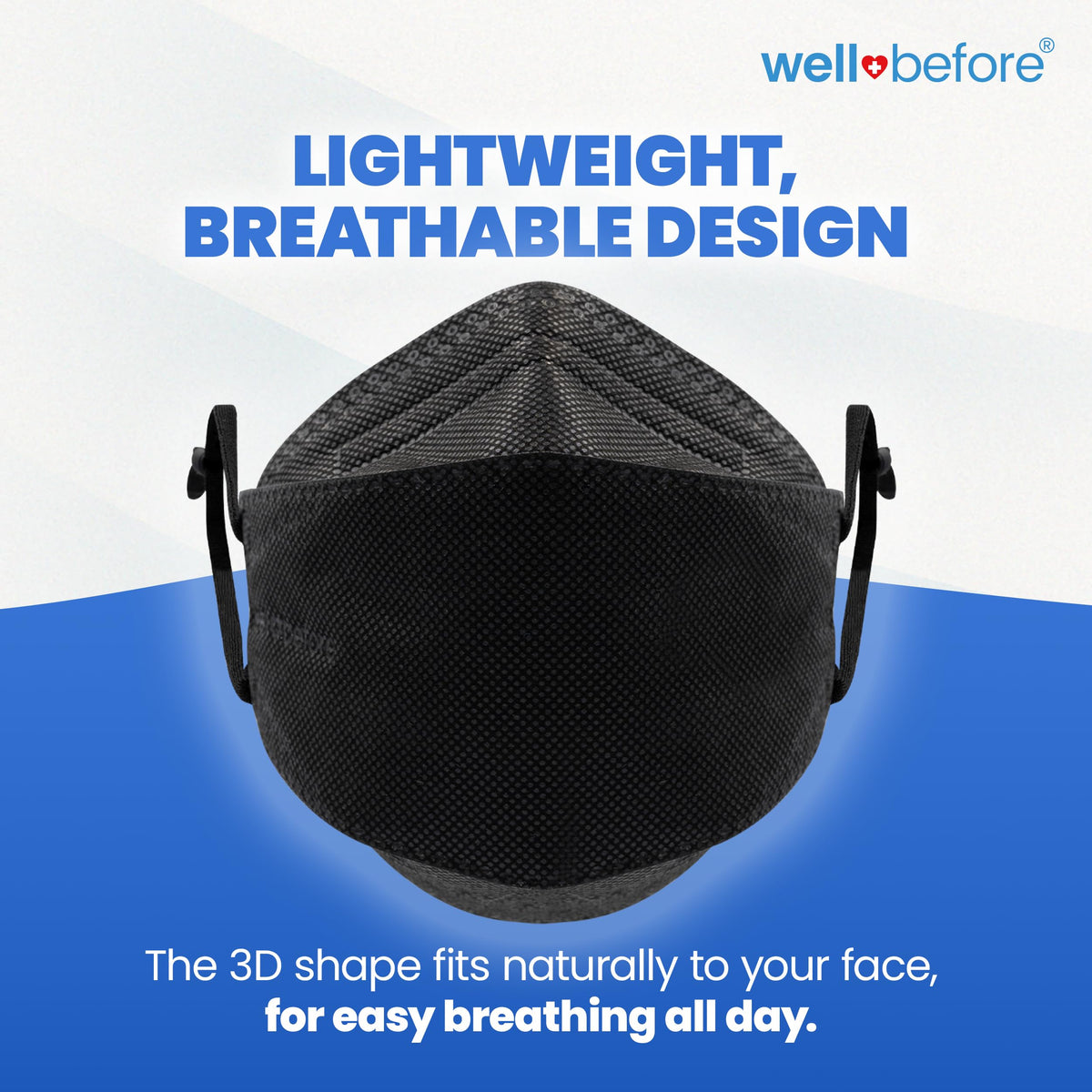 Well Before 3D KN95 mask ergonomic design around nose and chin for a tight seal.