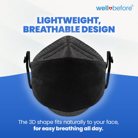 Well Before 3D KN95 mask ergonomic design around nose and chin for a tight seal.