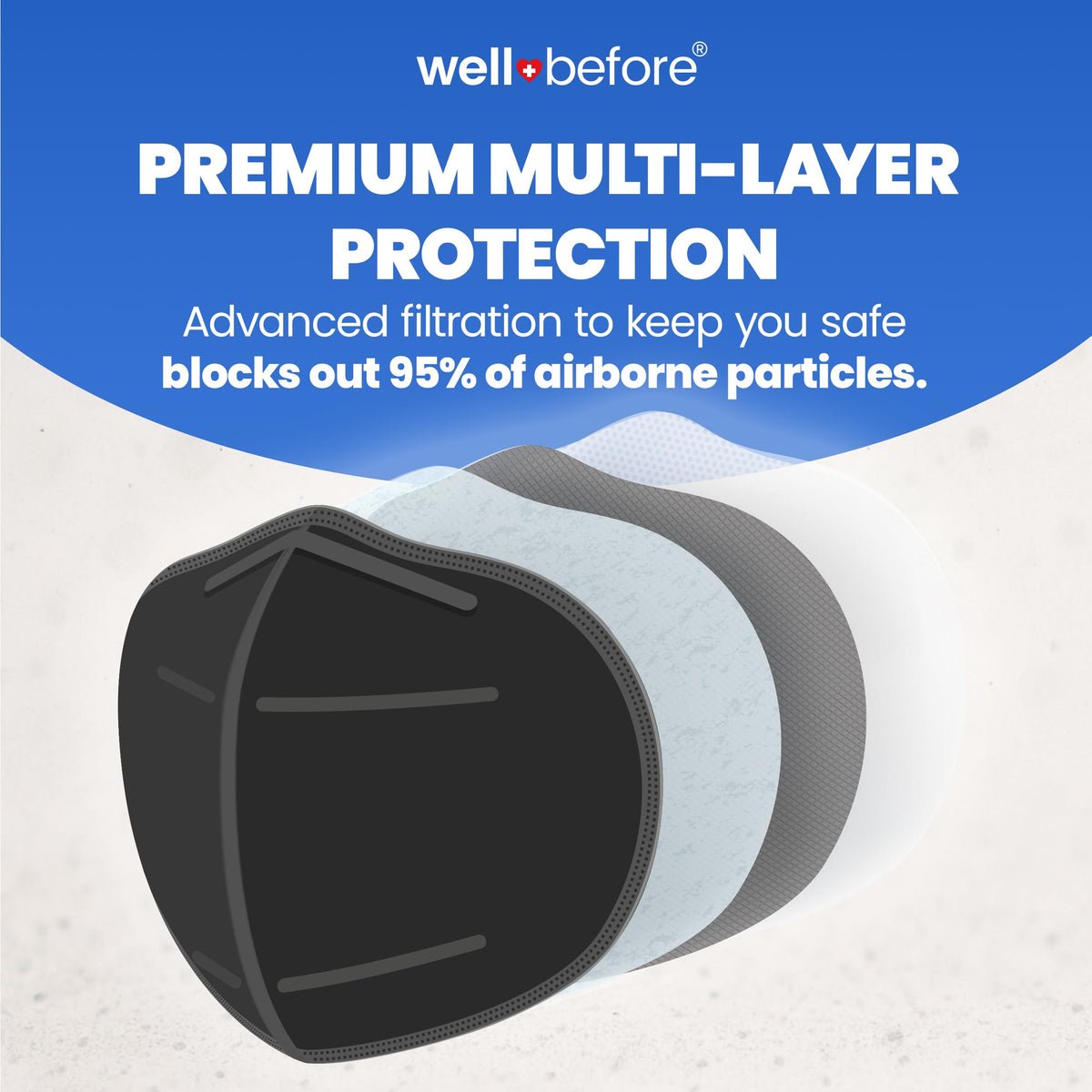 Well Before 3D ergonomic seal design improves fit around nose and chin during wear.