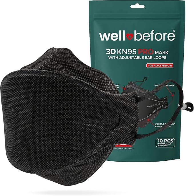 Well Before Premium 3D PRO KN95 mask with adjustable earloops for a secure, comfortable fit.