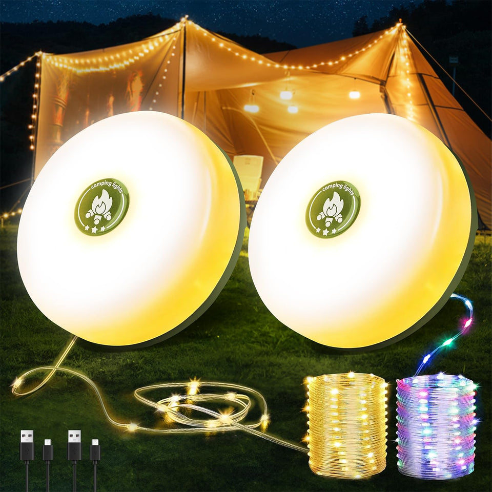 Wellgium 2-pack camping string lights ready for quick outdoor setup.