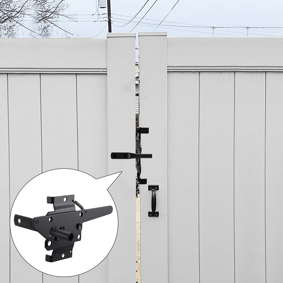 WellMade gate latch installed on a gate demonstrates secure, one-hand operation outdoors.