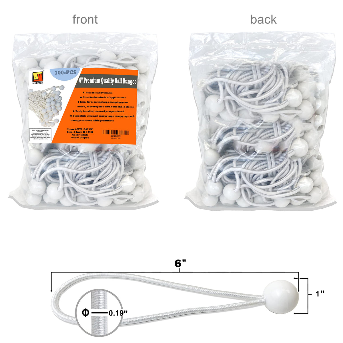 Wellmax 100-pack bungee cords securing tarps for quick setup and extra security.