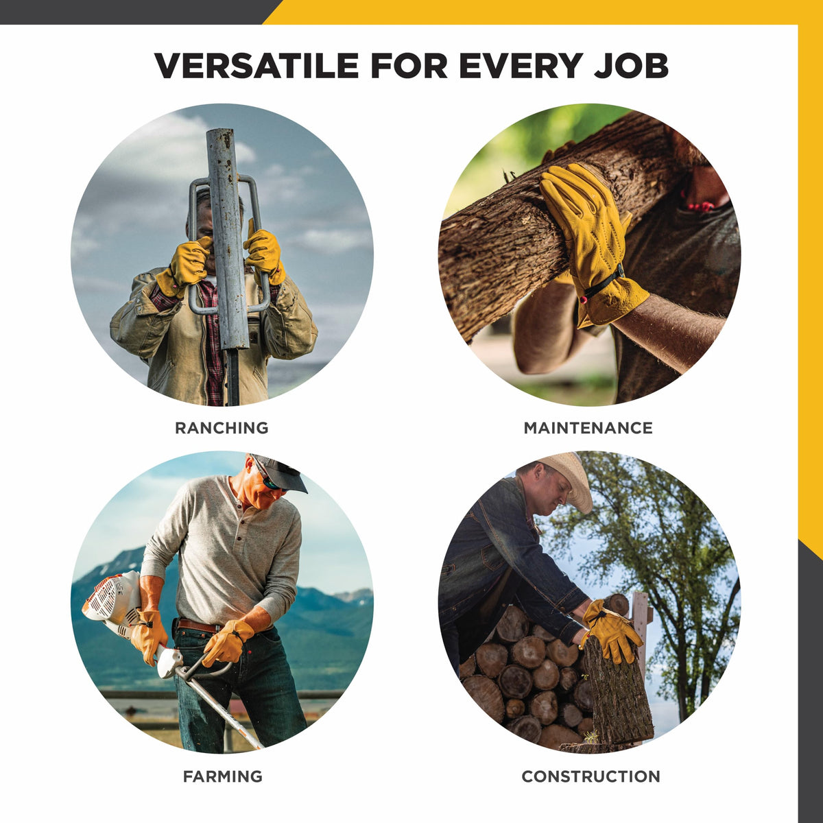 Abrasion-resistant leather endures ranching and construction tasks.