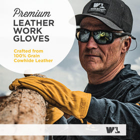 Wells Lamont leather work gloves palm patch detail, enhanced grip for heavy tools.