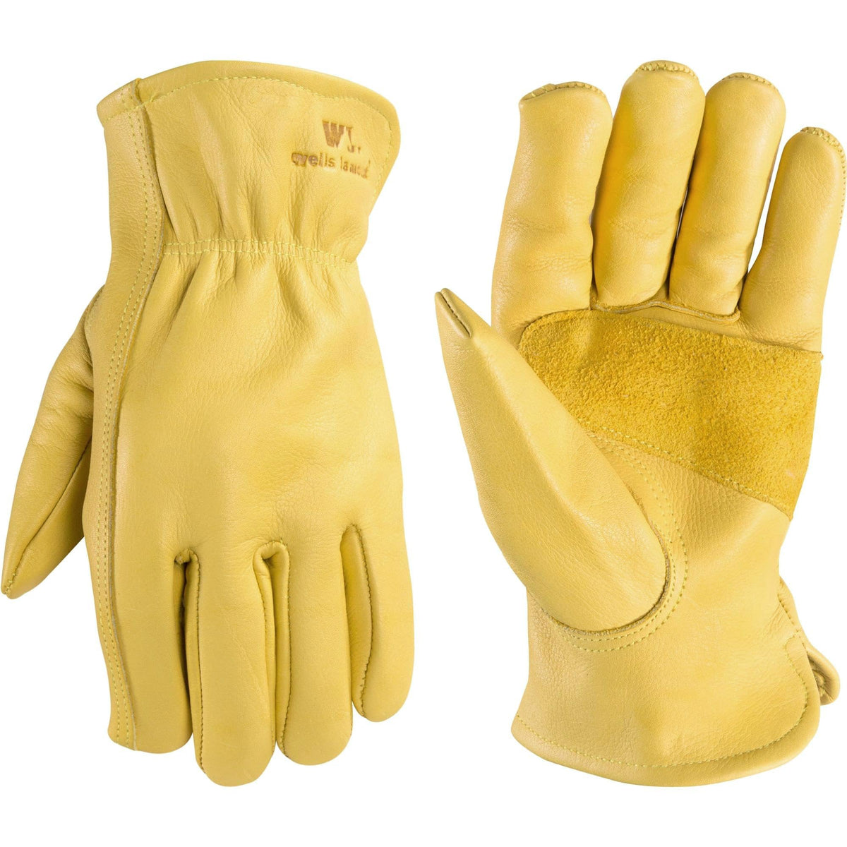 Wells Lamont leather work gloves Saddletan, front view, built for tough construction tasks.