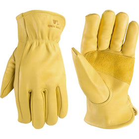 Wells Lamont leather work gloves Saddletan, front view, built for tough construction tasks.