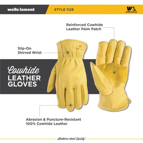 Wells Lamont leather gloves with shirred wrist to keep debris out