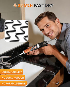 WELLUCK sealant along a bathroom shower edge provides quick-set protection against moisture.