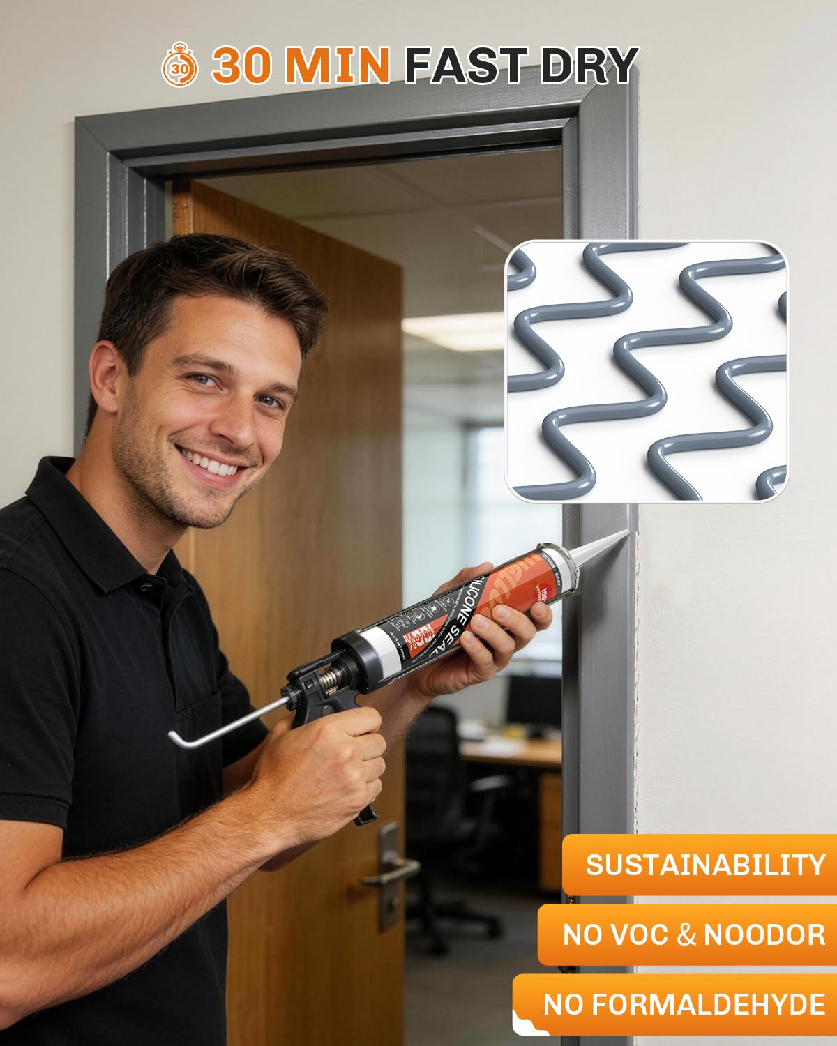 Welluck sealant applied to window frame highlights quick setting capability.